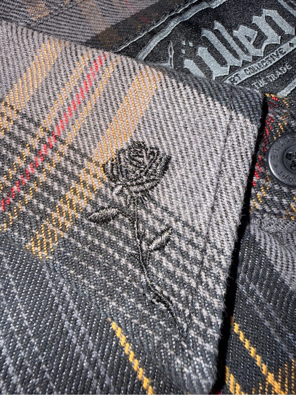 Men's Black Plaid Dress Shirt with Embroidered Rose Detail
